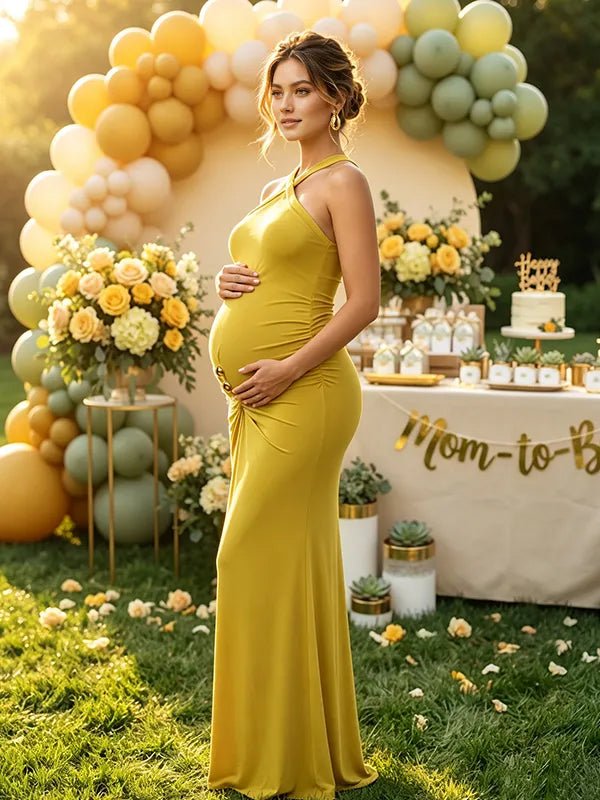 Momyknows Yellow Ruched Open Back Bodycon Mermaid Halter Neck Baby Shower Maxi Dress - Yellow - 2