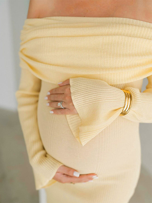 Momyknows Yellow Knit Off Shoulder Flare Sleeve Mermaid Bodycon Elegant Vacation Photoshoot Baby Shower Maternity Maxi Dress Yellow / M Momyknows Yellow Knit Off Shoulder Flare Sleeve Mermaid Bodycon Elegant Vacation Photoshoot Baby Shower Maternity Maxi Dress Yellow / M