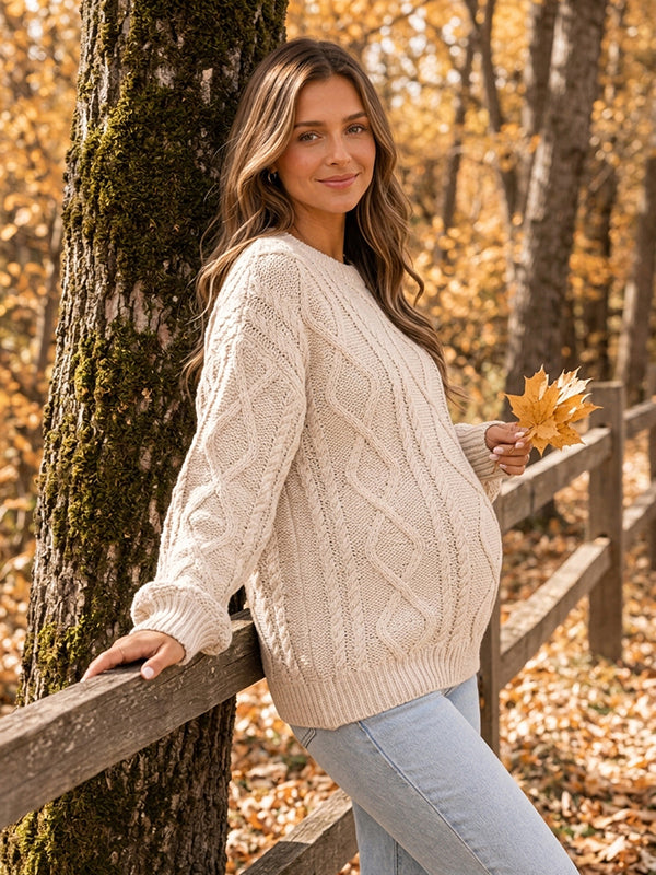 Apricot Crochet Cable Knit Geometric Maternity Sweater with Crochet Cable Knit Geometric Pattern Cozy Acrylic Pullover Fit