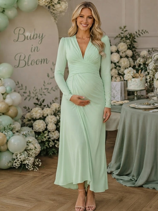 Green Ruched Maternity Midi Dress with Deep V Neckline and Irregular Silhouette