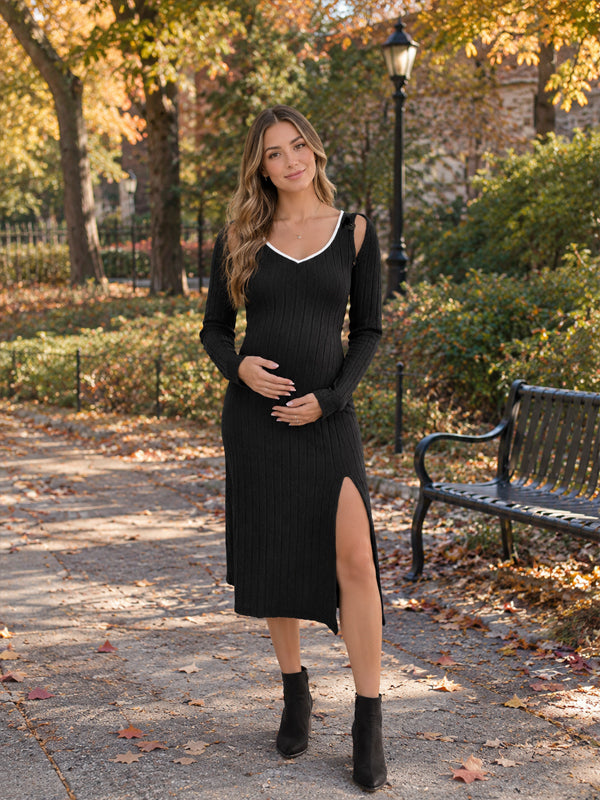 Black Crochet Two Piece Maternity Midi Dress with Button Details and Coordinated Fit, Photoshoot Occasion