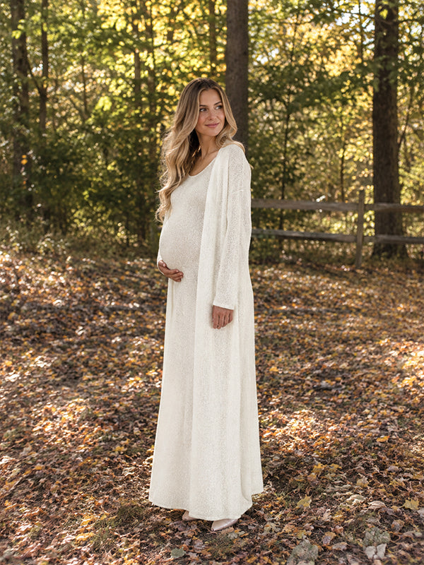 White Crochet Cardigan Maternity Maxi Dress with Two Piece Design and Flowing Fit