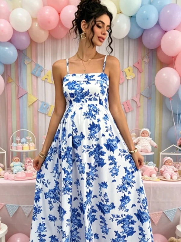 blue and white maternity maxi dress Blue Striped Sleeveless Tiered Maternity Maxi Dress