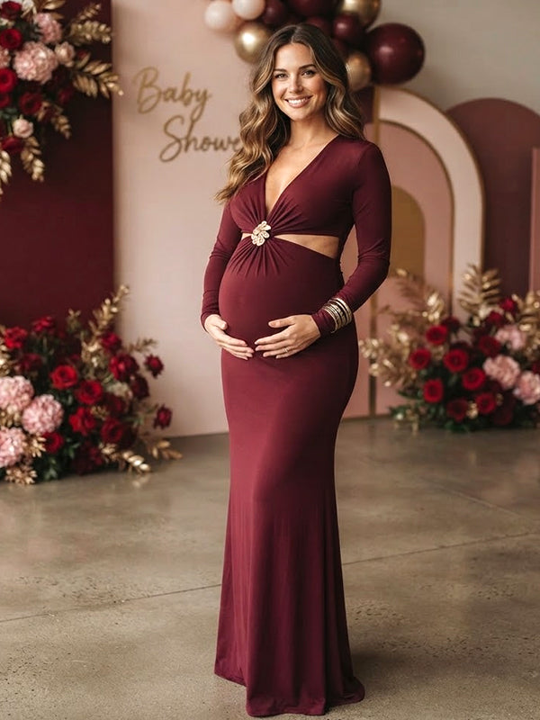 Wine Red Deep V Maternity Maxi Dress with Midriff-Baring Detail and Bodycon Fit
