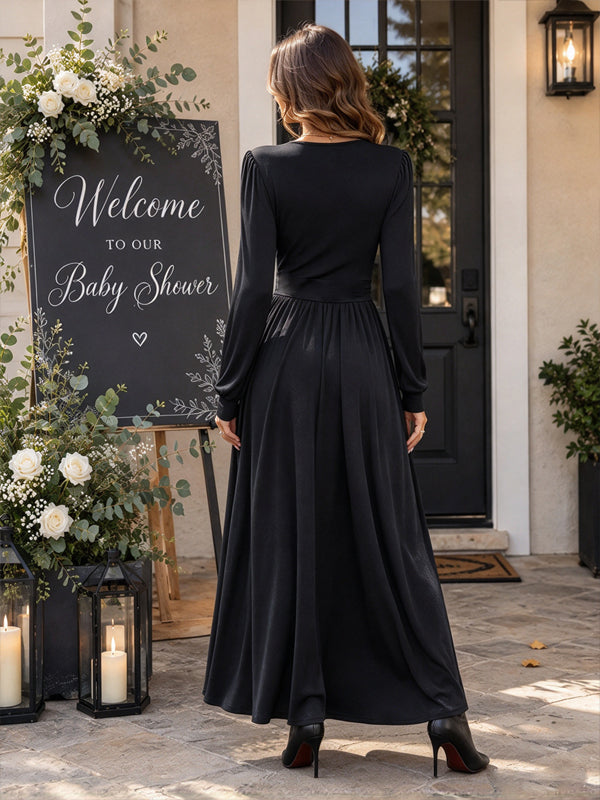 Grey Lace Maternity Maxi Dress with Side Slit and Flattering Silhouette
