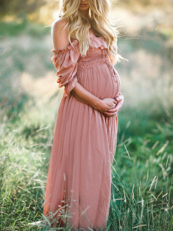 Momyknows Boho Flowy Maternity Dress - Bump Friendly Off Shoulder Pink Maxi Dress for Photoshoots and Beach Garden Events