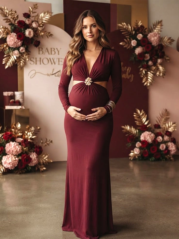 Wine Red Deep V Maternity Maxi Dress with Midriff-Baring Detail and Bodycon Silhouette, Baby Shower Occasion