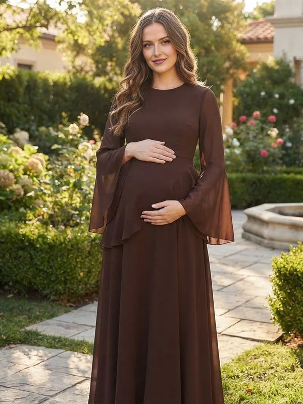Coffle Maternity Maxi Dress with Ruffle Lace Up Detail and Flare Sleeves and Elegant Fit, Photoshoot Occasion