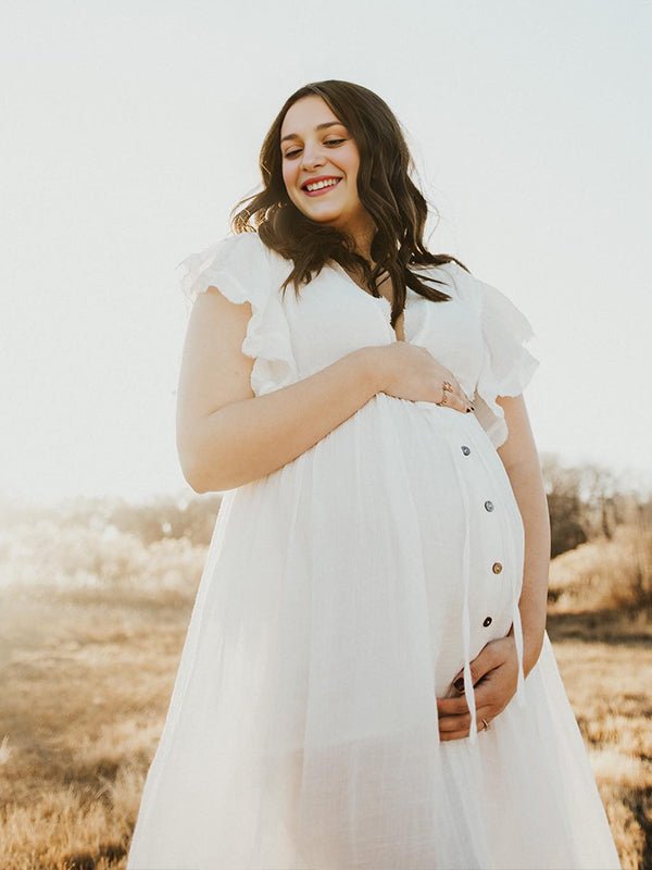Momyknows White Deep V-neck Button Down Boho Plus Photoshoot Maternity Maxi Dress