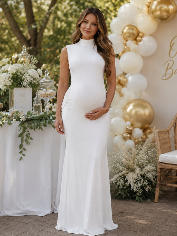 White Elegantd Ruched Maternity Maxi Dress with Backless Design and Elegant Fit, Baby Shower Occasion