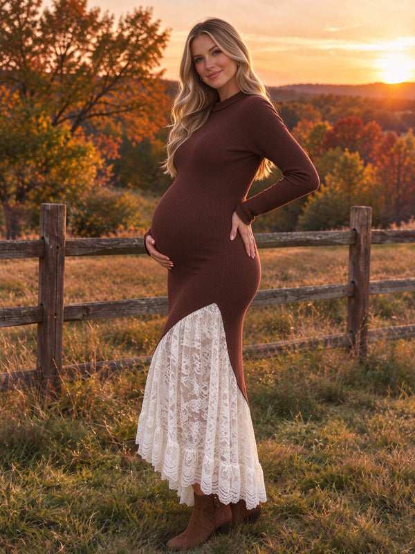 Coffee Maternity Maxi Dress with Lace Accents and Textured Knit Design