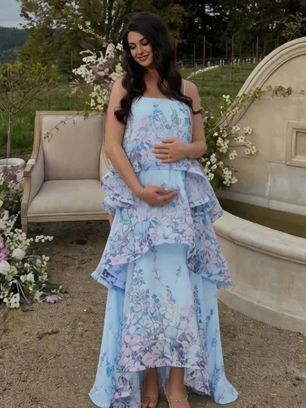 Momyknows Chic Blue Floral Layers Of Falbala Irregular Spaghetti Strap Baby Shower Maternity Maxi Dress