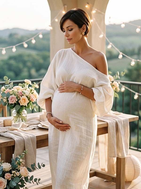 Momyknows White One-shoulder Ruffle Backless Maternity Baby Shower Maxi Dress - White - 2