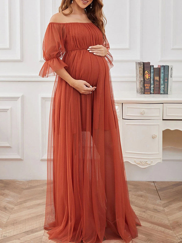 Momyknows Orange-red Off Shoulder Tulle Puff Sleeve Maternity Photoshoot Maxi Dress