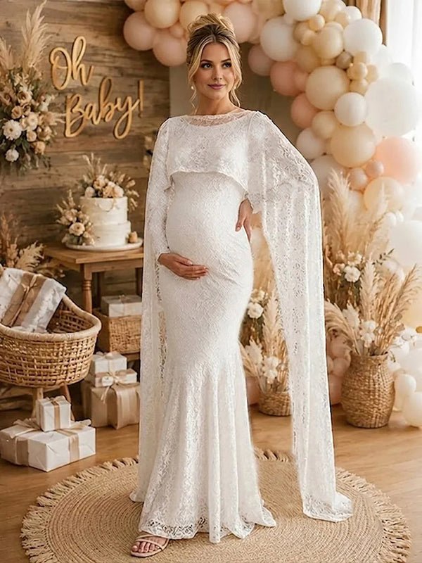 Momyknows Elegant Lace Cape Bodycon Baby Shower Maternity Maxi Dress - White - 4