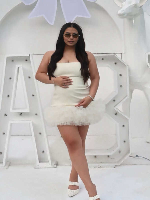 Momyknows Beige Tulle Tutu Spliced Zipper Maternity Baby Shower Mini Dress