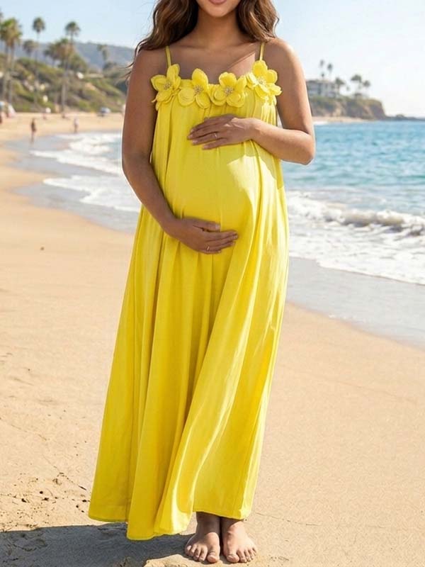 Momyknows Yellow 3D Floral Appliqués Ruffle Spaghetti Strap Maternity Photoshoot Maxi Dress - Yellow - 4