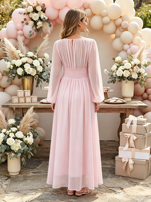 Pink A-Line Maternity Dress with Sheer Fabric and Ruffle Details and Drawstring Waist