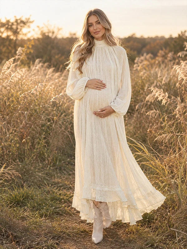 Apricot Ruffle Lace Up Photoshoot Maternity Maxi Dress