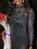 Momyknows Black Mesh Rhinestone Pearl Tassel Irregular Sheer Bodycon Photoshoot Maternity Mini Dress