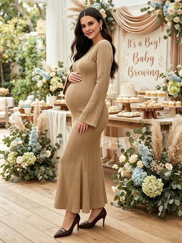 Momyknows Flare Sleeve Crochet Bodycon Mermaid Babyshower Maternity Maxi Dress - Khaki - 5