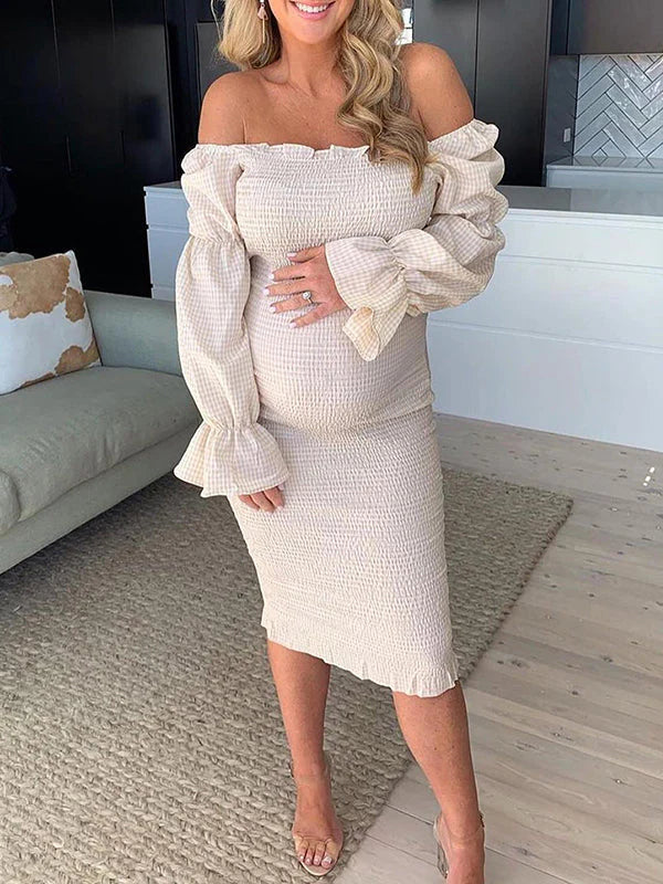 Momyknows Ruffle Off Shoulder Long Sleeve Bodycon Baby Shower Maternity Midi Dress Apricot / XL Momyknows Ruffle Off Shoulder Long Sleeve Bodycon Baby Shower Maternity Midi Dress Apricot / XL