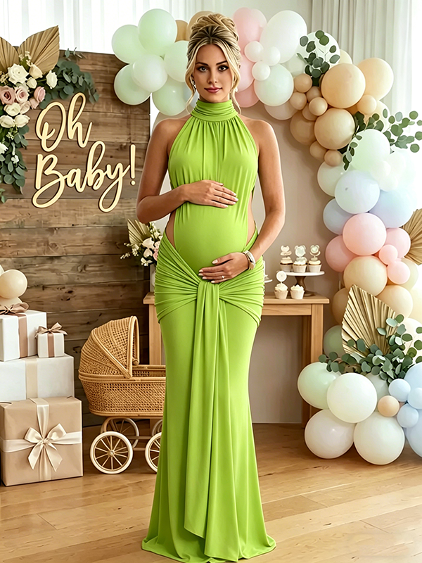 Momyknows Ruched Bowknot Draped High Neck Backless Bodycon Elegant Maternity Baby Shower Maxi Dress