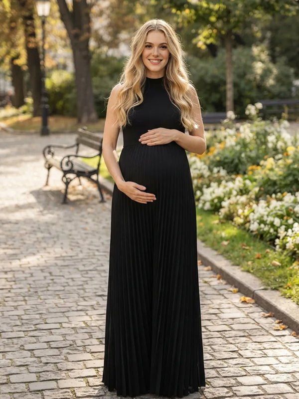 Black Pleated Maternity Maxi Dress with High Neck and Sleeveless Bodycon Fit, Photoshoot