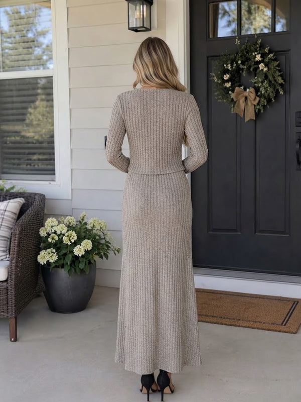 Camel Maternity Maxi Dress with Crochet Texture and Button Detail Two Piece Design