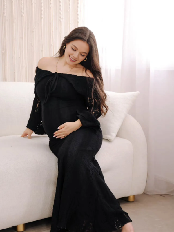 black lace maternity maxi dress Cora Maternity Photoshoot Dress