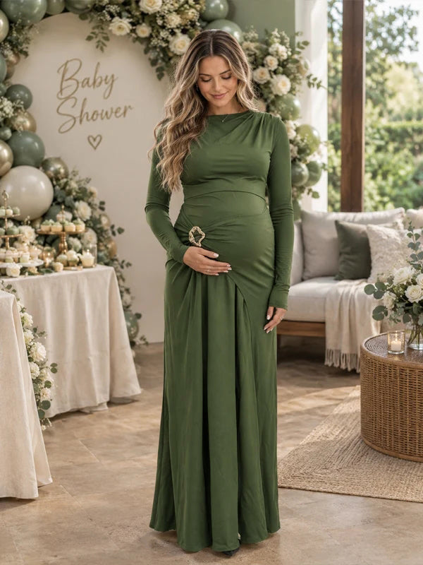 Momyknows Green Ruched Bodycon Split Design Maternity Baby Shower Maxi Dress