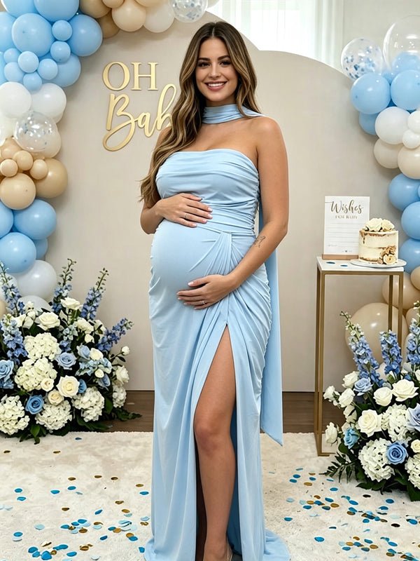 Momyknows Bandeau Ruffle Slit Backless Maternity Baby Shower Maxi Dress - Blue - 1