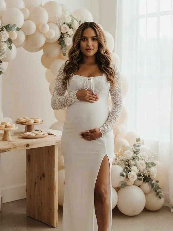 Momyknows White Lace Side Slit Spliced Lace Up Maternity Baby Shower Maxi Dress - White - 2