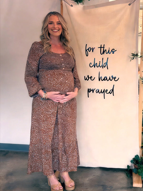 Momyknows Brown Smocked Print Button Maternity Baby Shower Maxi Dress