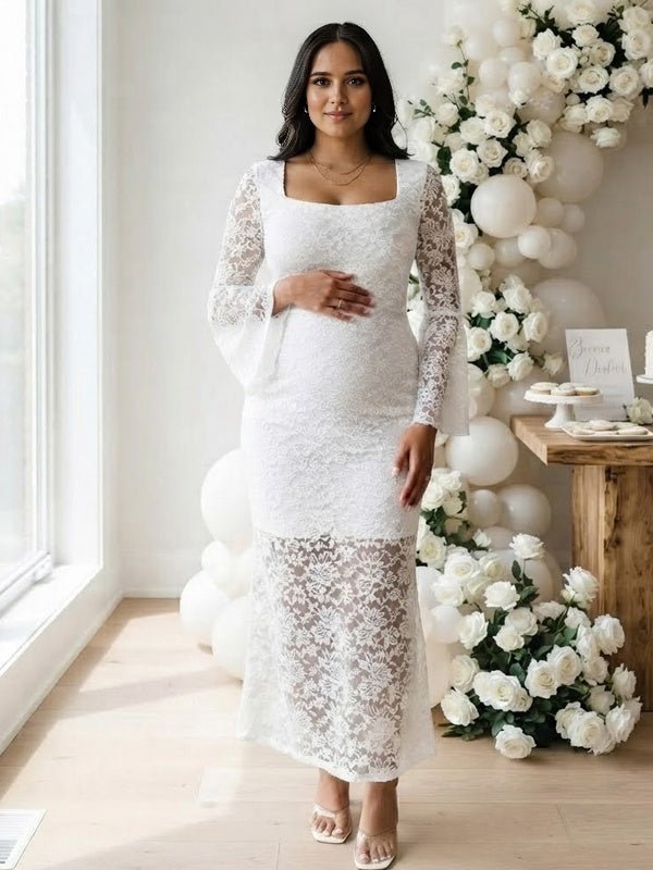 Momyknows White Lace Sheer Side Slit Flare Sleeve Maternity Baby Shower Maxi Dress - White - 2