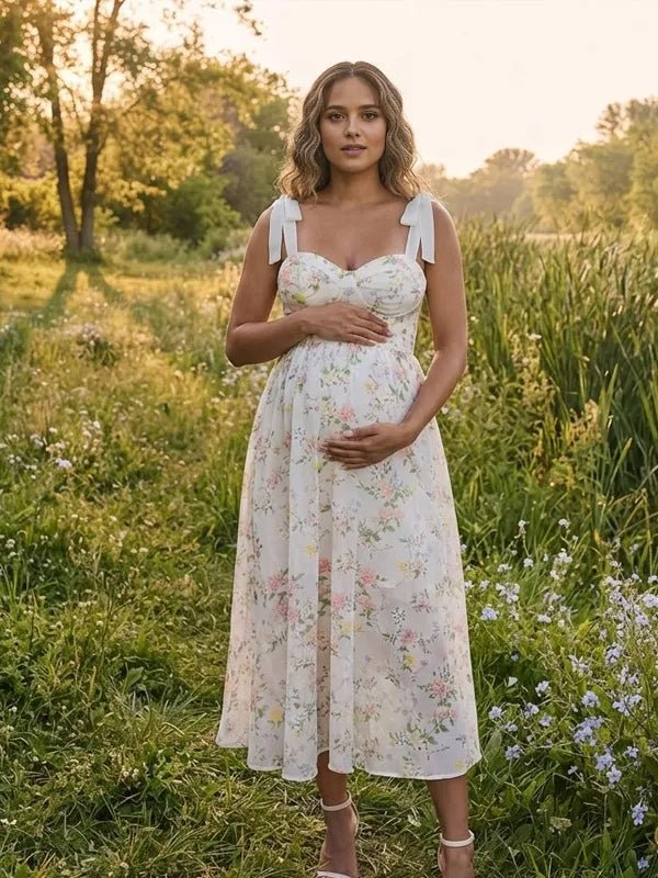 Momyknows White Smocked Spaghetti Strap Print Backless Maternity Photoshoot Midi Dress - White - 4