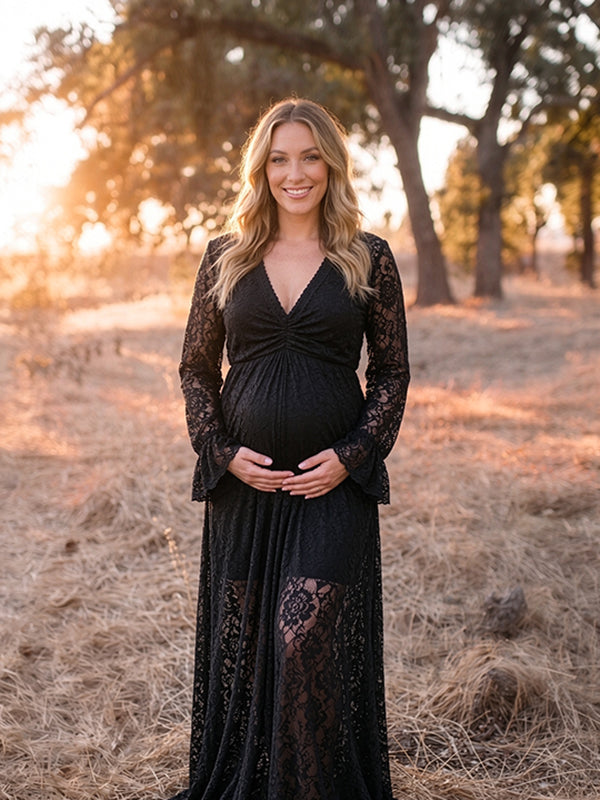 Boho Black Lace Transparent Photoshoot Maternity Maxi Dress