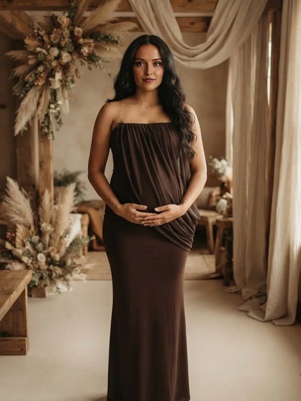 Momyknows Ruched Grenadine Irregular Bodycon Maternity Baby Shower Maxi Dress - Brown - 5
