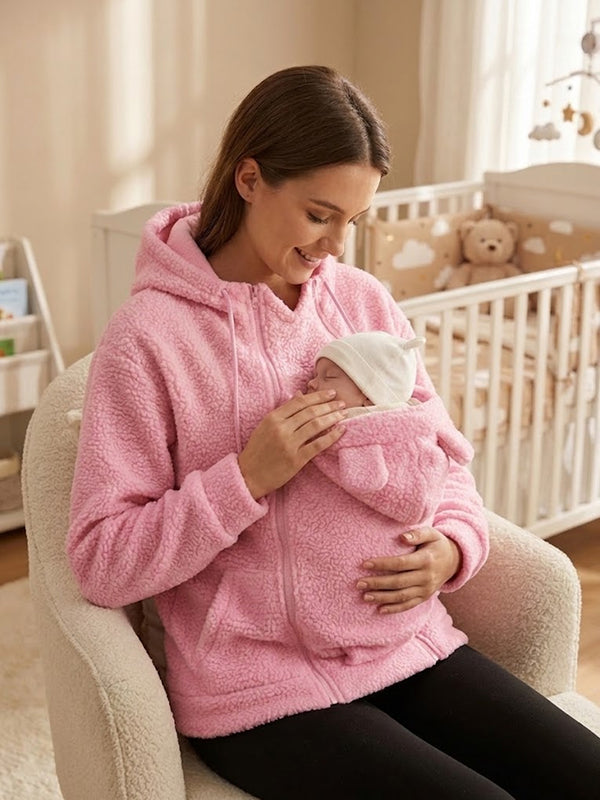 Pink Plush Sherpa Maternity Hoodie with Kangaroo Pocket and Loose Comfortable Cut, Daily Casual Loungewear