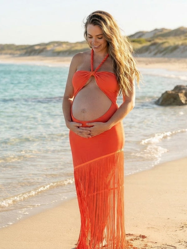 Momyknows Orange Tassel Halter Neck Bandeau Midriff Ruffle Maternity Photoshoot Maxi Dress