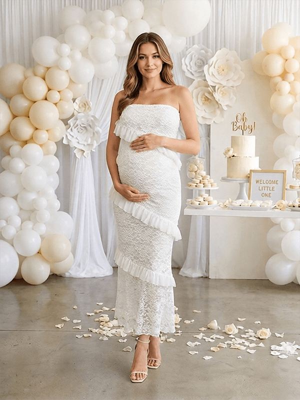 Momyknows Chic Lace Falbala Bandeau Bodycon Baby Shower Maternity Maxi Dress - White - 4