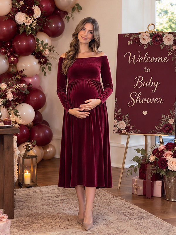 Wine Red Off Shoulder Maternity Midi Dress with Big Swing Silhouette and Flattering Fit, Baby Shower Occasion