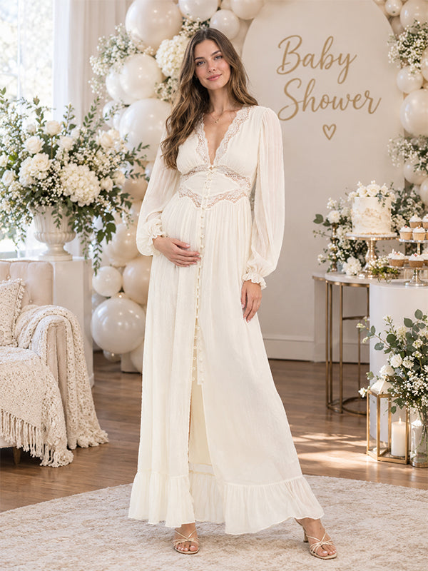 Ivory-White Lace Maternity Maxi Dress with Ruffle and Button Details and Elegant Silhouette, Baby Shower Occasion
