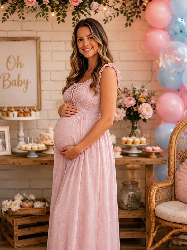 Momyknows Chic Falbala Shirring A-Line Baby Shower Maternity Maxi Dress - Pink - 2