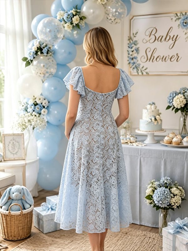 Momyknows Lace High Waisted Backless Puff Sleeve A-Line Maternity Baby Shower Midi Dress - Blue - 5