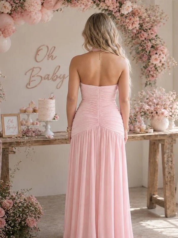 Momyknows Halter Neck Draped Hem Ruched Side Slit Backless Maternity Baby Shower Maxi Dress - Pink - 2