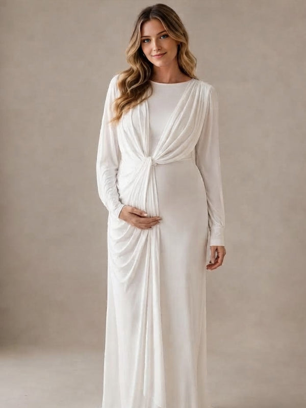 White Ruched Maternity Maxi Dress with Cape and Grenadine Detail and Flattering Silhouette