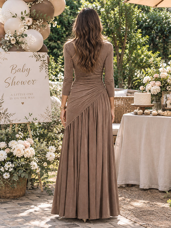 Coffle Ruched Maternity Maxi Dress with V Neck and Flattering Big Swing Design
