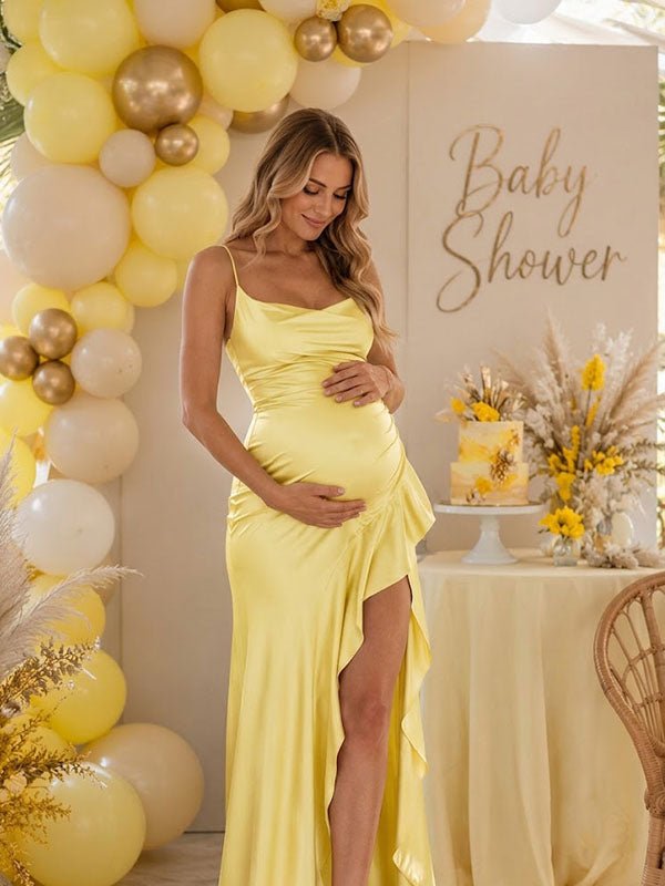 Momyknows Spaghetti Straps Backless Falbala Lace-Up Baby Shower Maternity Maxi Dress - Yellow - 6