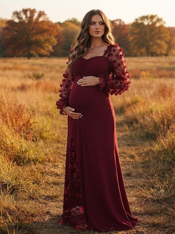 Wine Red Ruched Lace Maternity Maxi Dress with Spliced 3D Floral Design and Elegant Silhouette